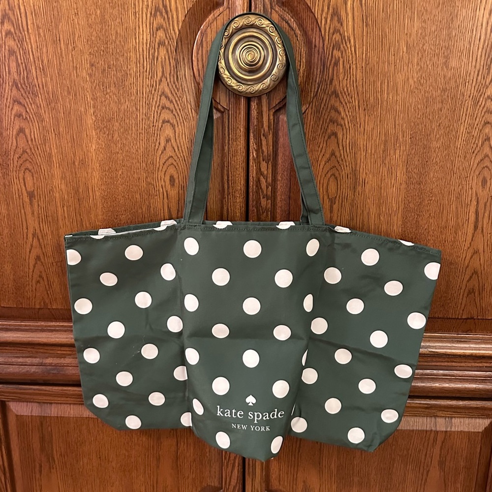 Kate Spade Green-White Polka Dots Canvas Tote XL Bag NWOT